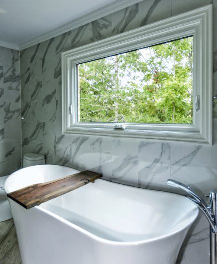 white vinyl awning window bathroom