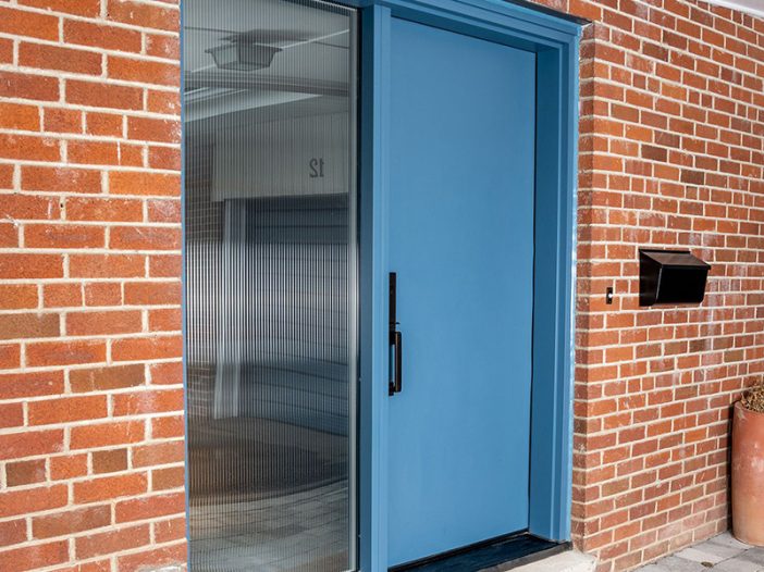 Coastal Blue smooth fiberglass door
