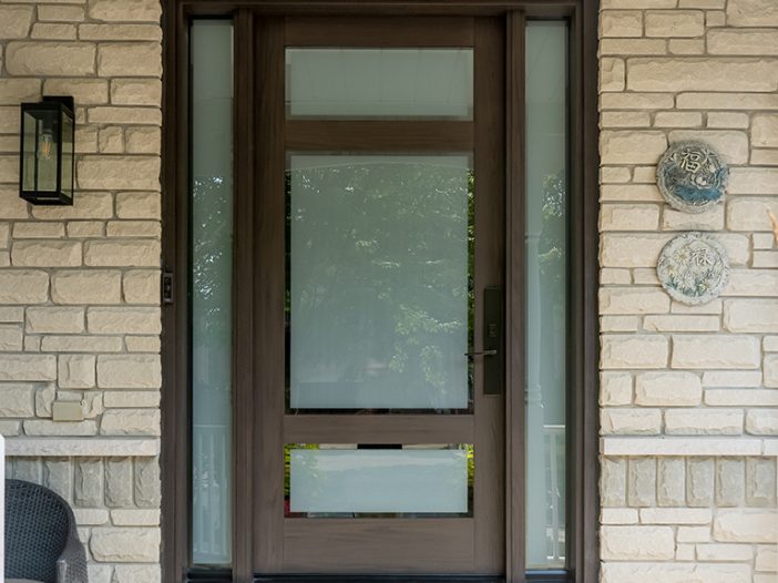 Mahogany Grain Fiberglass Door with 3 Glass inserts