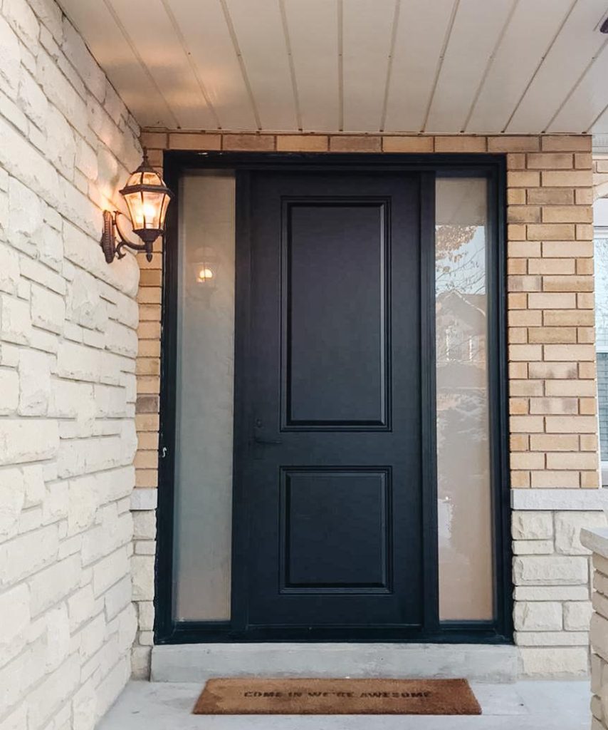 Black Smooth Fiberglass Door With Direct Set Sidelights On Each Side Fieldstone Windows 6783