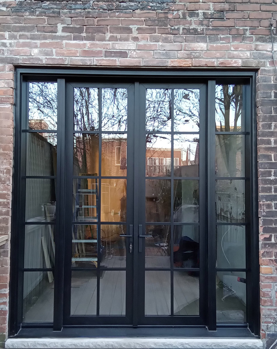 black fiberglass rail and stile doors exterior