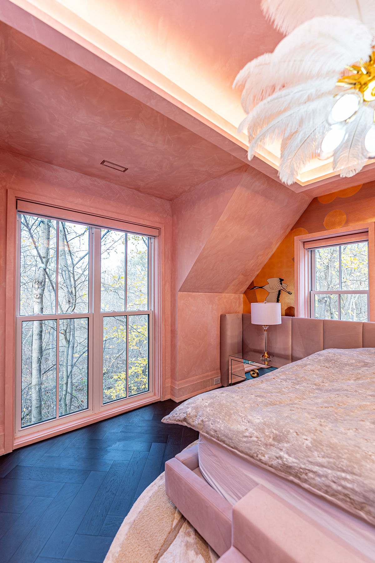 single hung hardwood windows - pink bedroom