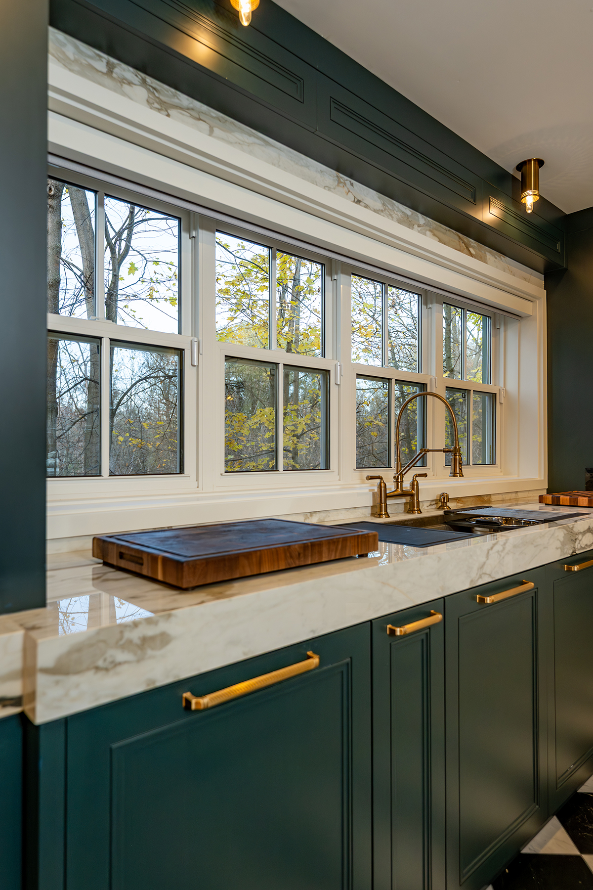single hung hardwood windows - side view kitchen sink
