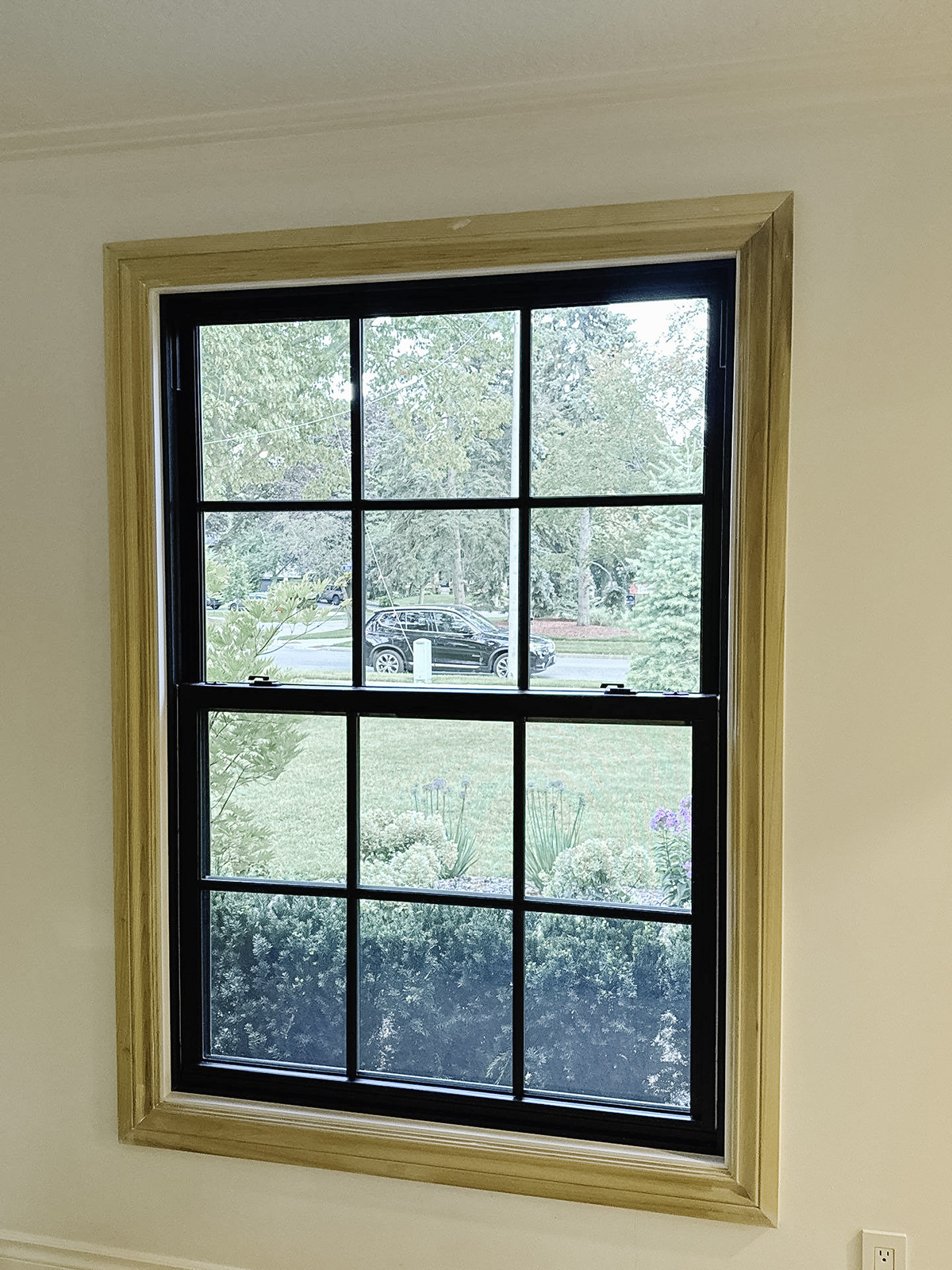 Alt text -Black single hung vinyl window viewed from inside a home