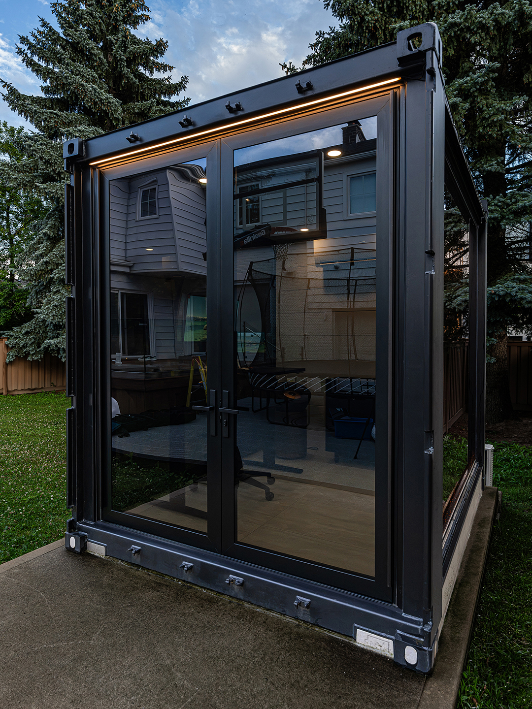 Side view of the container office, showcasing its sleek design